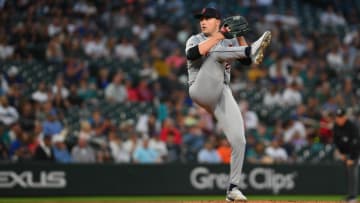 Aug 7, 2024; Seattle, Washington, USA; Detroit Tigers starting pitcher Tarik Skubal (29) pitches to the Seattle Mariners during the seventh inning at T-Mobile Park.