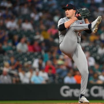 Aug 7, 2024; Seattle, Washington, USA; Detroit Tigers starting pitcher Tarik Skubal (29) pitches to the Seattle Mariners during the seventh inning at T-Mobile Park.