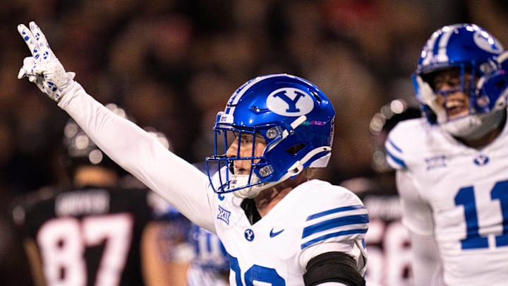 BYU Cougars safety Tanner Wall (28) reacts after a turnover on downs for Cincinnati Bearcats in the second quarter of the NCAA football game at Nippert Stadium in Cincinnati on Nov. 22, 2025.