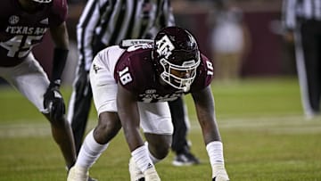 Nov 26, 2022; College Station, Texas, USA; Texas A&M Aggies defensive lineman LT Overton (18) in action during the game between the Texas A&M Aggies and the LSU Tigers at Kyle Field. Mandatory Credit: Jerome Miron-Imagn Images
