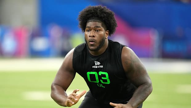 Alabama offensive lineman Tyler Booker (OL03) during the 2025 NFL Combine
