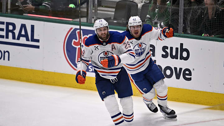 Edmonton Oilers center Leon Draisaitl (29) and right wing Kasperi Kapanen (42) react after a goal against the Dallas Stars 