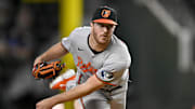 Arlington, Texas, USA; Baltimore Orioles starting pitcher Trevor Rogers (28) pitches against the Texas Rangers during the first inning at Globe Life Field.
