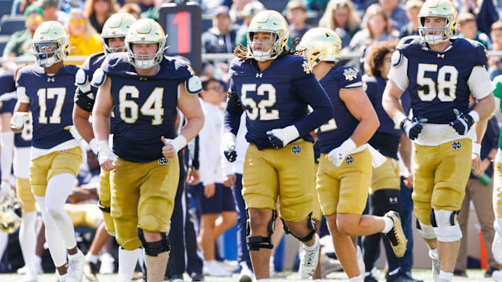 Notre Dame's offensive takes the field during the Notre Dame Blue-Gold spring football game at Notre Dame Stadium on Saturday, April 12, 2025, in South Bend. Notre Dame's offensive takes the field during the Notre Dame Blue-Gold spring football game at Notre Dame Stadium on Saturday, April 12, 2025, in South Bend.