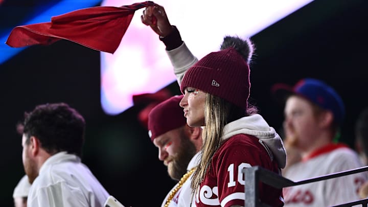 Philadelphia Phillies fans react during the ninth inning for game two of the NLCS for the 2023 MLB playoffs against the Arizona Diamondbacks at Citizens Bank Park.