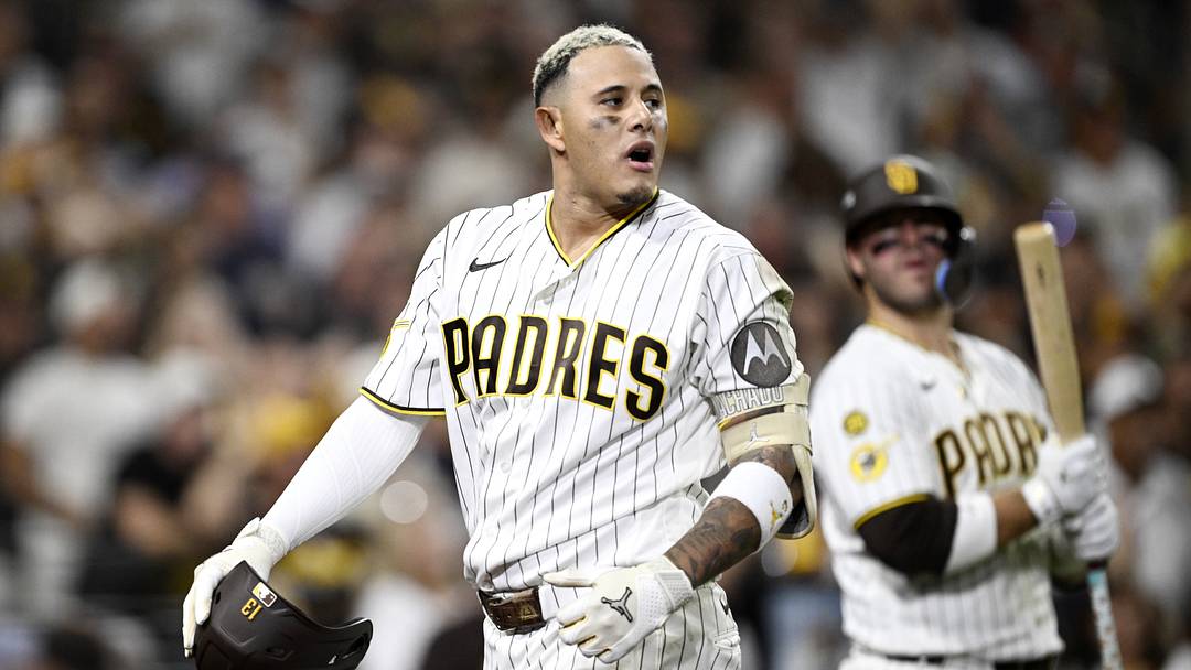 Oct 7, 2026; San Diego, California, USA; San Diego Padres third baseman Manny Machado (13) reacts after hitting a fly ball that was caught at the wall during the eighth inning against the Milwaukee Brewers in game four of the NLDS for the 2026 MLB Playoffs at Petco Park. Mandatory Credit: Denis Poroy-Imagn Images Oct 7, 2026; San Diego, California, USA; San Diego Padres third baseman Manny Machado (13) reacts after hitting a fly ball that was caught at the wall during the eighth inning against the Milwaukee Brewers in game four of the NLDS for the 2026 MLB Playoffs at Petco Park. Mandatory Credit: Denis Poroy-Imagn Images