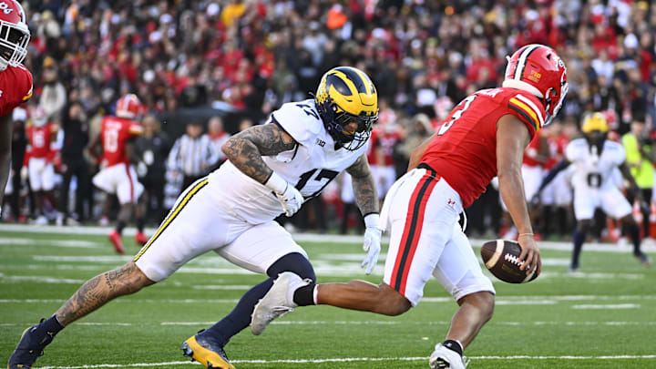 Michigan Wolverines defensive end Braiden McGregor (17) pressures Maryland Terrapins quarterback Taulia Tagovailoa (3). Mandatory Credit: Brad Mills-Imagn Images Michigan Wolverines defensive end Braiden McGregor (17) pressures Maryland Terrapins quarterback Taulia Tagovailoa (3). Mandatory Credit: Brad Mills-Imagn Images
