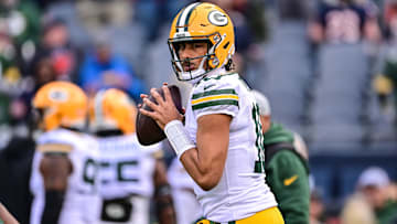 Green Bay Packers quarterback Jordan Love (10) warms up before the game against the Chicago Bears at Soldier Field.