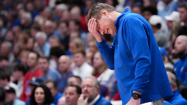 Feb 23, 2026; Lawrence, Kansas, USA; Kansas Jayhawks head coach Bill Self reacts to play against the Houston Cougars during the second half of the game at Allen Fieldhouse. Mandatory Credit: Denny Medley-Imagn Images