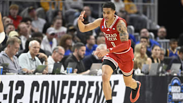 Mar 29, 2025; San Francisco, CA, USA; Texas Tech Red Raiders guard Chance McMillian (0) runs downcourt during the first half against the Florida Gators during the West Regional final of the 2025 NCAA tournament at Chase Center. Mandatory Credit: Eakin Howard-Imagn Images