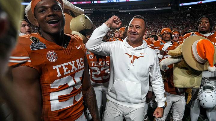 Dec 21, 2024; Austin, Texas, USA; Texas Longhorns head coach Steve Sarkisian celebrates.