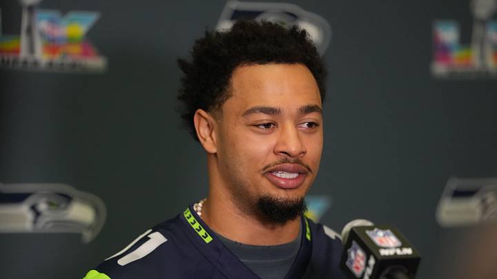 Seattle Seahawks wide receiver Jaxon Smith-Njigba talks to the media