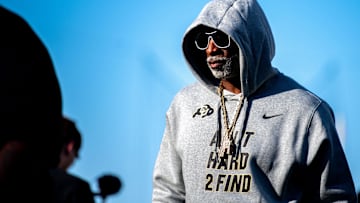 CU football head coach Deion Sanders, or Coach Prime, watches his team warm up before the game against CSU in the Rocky Mountain Showdown at Canvas Stadium on Saturday, Sept. 14, 2024, in Fort Collins, Colo.