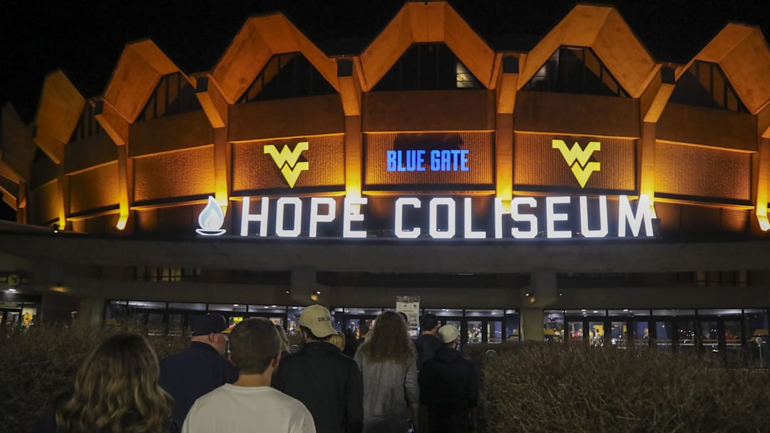 Mar 6, 2026; Morgantown, West Virginia, USA; West Virginia Mountaineers fans enter Hope Coliseum before their game against the UCF Knights. Mandatory Credit: Ben Queen-Imagn Images