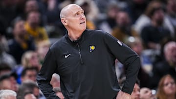 Jan 14, 2014; Indianapolis, IN, USA; Indiana Pacers head coach Rick Carlisle looks up at the screen to watch a replay video Tuesday, Jan. 14, 2025, during an NBA game between the Indiana Pacers and the Cleveland Cavaliers at Gainbridge Fieldhouse in Indianapolis.  Mandatory Credit: Grace Smith/USA TODAY Network via Imagn Images 