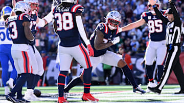 Nov 17, 2024; Foxborough, Massachusetts, USA; New England Patriots wide receiver Kendrick Bourne (84) celebrates after scoring a touchdown against the Los Angeles Rams during the first half at Gillette Stadium. Mandatory Credit: Brian Fluharty-Imagn Images
