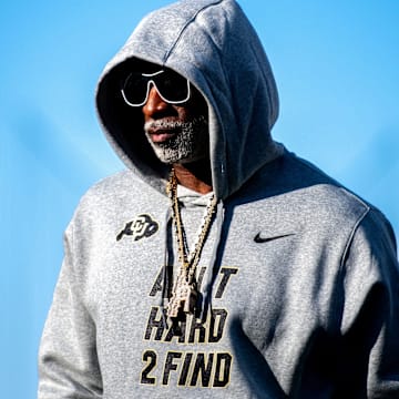 CU football head coach Deion Sanders, or Coach Prime, watches his team warm up before the game against CSU in the Rocky Mountain Showdown at Canvas Stadium on Saturday, Sept. 14, 2024, in Fort Collins, Colo.