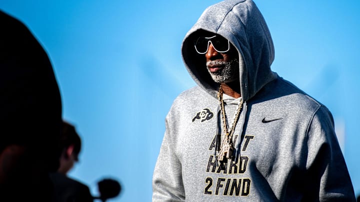 CU football head coach Deion Sanders, or Coach Prime, watches his team warm up before the game against CSU in the Rocky Mountain Showdown at Canvas Stadium on Saturday, Sept. 14, 2024, in Fort Collins, Colo.