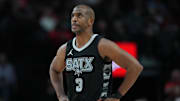 Apr 6, 2025; Portland, Oregon, USA; San Antonio Spurs point guard Chris Paul (3) looks on during the first half against the Portland Trail Blazers at Moda Center. Mandatory Credit: Soobum Im-Imagn Images
