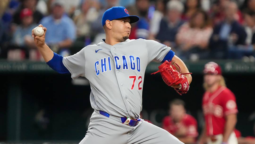 May 8, 2026; Arlington, Texas, USA;  Chicago Cubs pitcher Javier Assad (72) throws the plate during the fifth inning against the Texas Rangers at Globe Life Field. 
