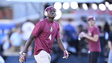 Sep 28, 2024; Dallas, Texas, USA; Florida State Seminoles defensive back Charles Lester III (4) before the game between the Southern Methodist Mustangs and the Florida State Seminoles at Gerald J. Ford Stadium. Mandatory Credit: Jerome Miron-Imagn Images