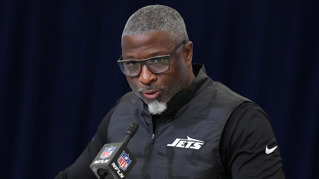 Feb 24, 2026; Indianapolis, IN, USA; New York Jets coach Aaron Glenn speaks at the NFL Scouting Combine at the Indiana Convention Center. Mandatory Credit: Kirby Lee-Imagn Images