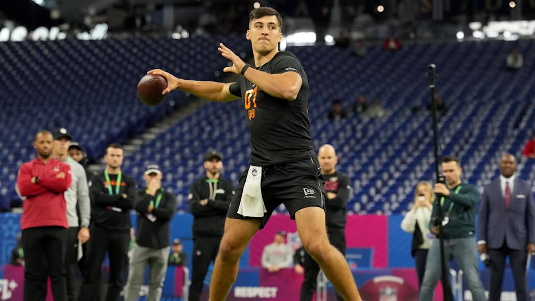 Feb 28, 2026; Indianapolis, IN, USA; UConn quarterback Joe Fagnano (QB07) during the NFL Scouting Combine at Lucas Oil Stadium. Mandatory Credit: Kirby Lee-Imagn Images