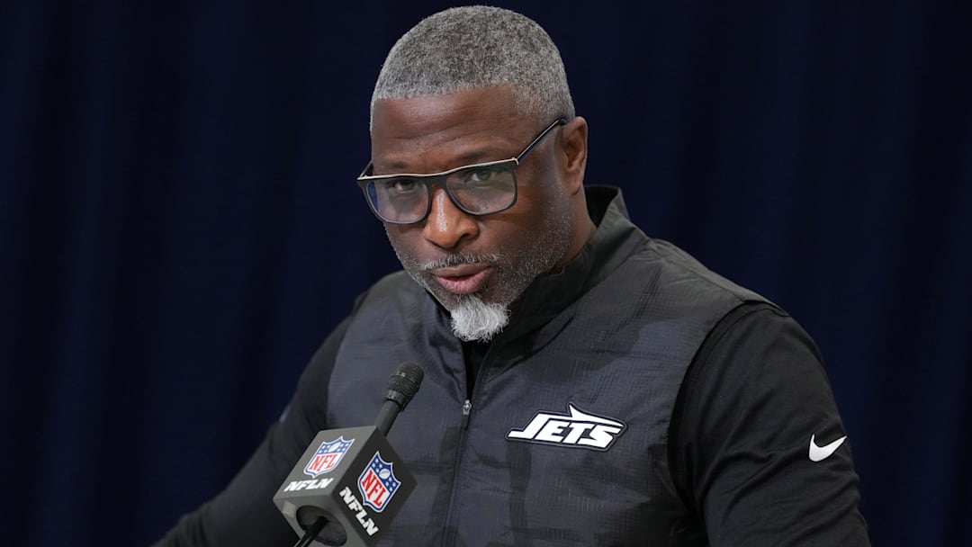 Feb 24, 2026; Indianapolis, IN, USA; New York Jets coach Aaron Glenn speaks at the NFL Scouting Combine at the Indiana Convention Center.