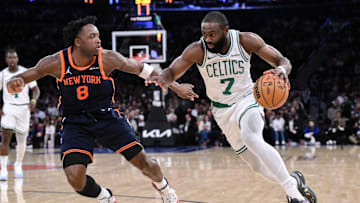 Jaylen Brown drives to the basket.