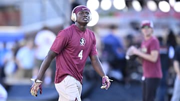 Sep 28, 2024; Dallas, Texas, USA; Florida State Seminoles defensive back Charles Lester III (4) before the game between the Southern Methodist Mustangs and the Florida State Seminoles at Gerald J. Ford Stadium. Mandatory Credit: Jerome Miron-Imagn Images