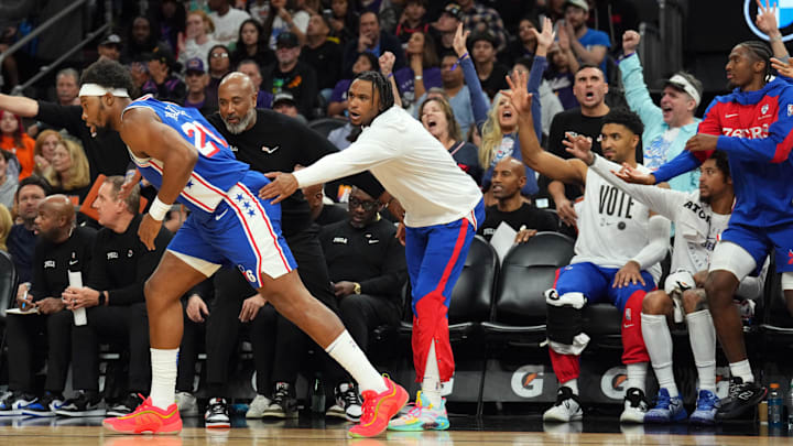 Nov 4, 2024; Phoenix, Arizona, USA; Philadelphia 76ers forward Guerschon Yabusele (28) celebrates a basket in front of his bench against the Phoenix Suns during the first half at Footprint Center. Mandatory Credit: Joe Camporeale-Imagn Images Nov 4, 2024; Phoenix, Arizona, USA; Philadelphia 76ers forward Guerschon Yabusele (28) celebrates a basket in front of his bench against the Phoenix Suns during the first half at Footprint Center. Mandatory Credit: Joe Camporeale-Imagn Images