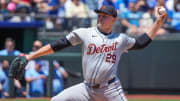 May 22, 2024; Kansas City, Missouri, USA; Detroit Tigers starting pitcher Tarik Skubal (29) delivers a pitch against the Kansas City Royals in the first inning at Kauffman Stadium.