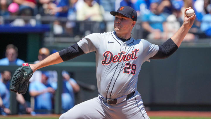 May 22, 2024; Kansas City, Missouri, USA; Detroit Tigers starting pitcher Tarik Skubal (29) delivers a pitch against the Kansas City Royals in the first inning at Kauffman Stadium.