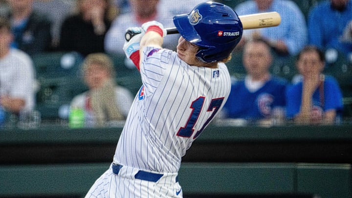 Iowa Cubs' Owen Caissie (17) swings at the ball during a game against the Omaha Storm Chasers on Friday, March 28, 2025, at Principal Park in Des Moines Iowa Cubs' Owen Caissie (17) swings at the ball during a game against the Omaha Storm Chasers on Friday, March 28, 2025, at Principal Park in Des Moines