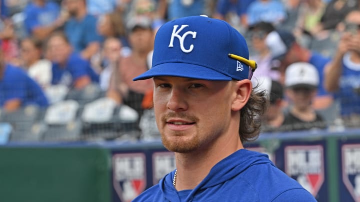 Jun 27, 2024; Kansas City, Missouri, USA; Kansas City Royals shortstop Bobby Witt Jr. (7) looks on during batting practice before a game against the Cleveland Guardians at Kauffman Stadium.