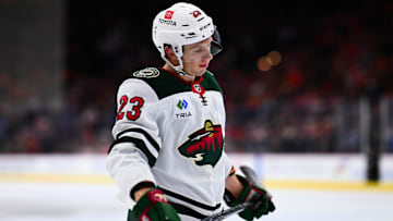 Oct 26, 2024; Philadelphia, Pennsylvania, USA; Minnesota Wild center Marco Rossi (23) looks on against the Philadelphia Flyers in the first period at Wells Fargo Center. 