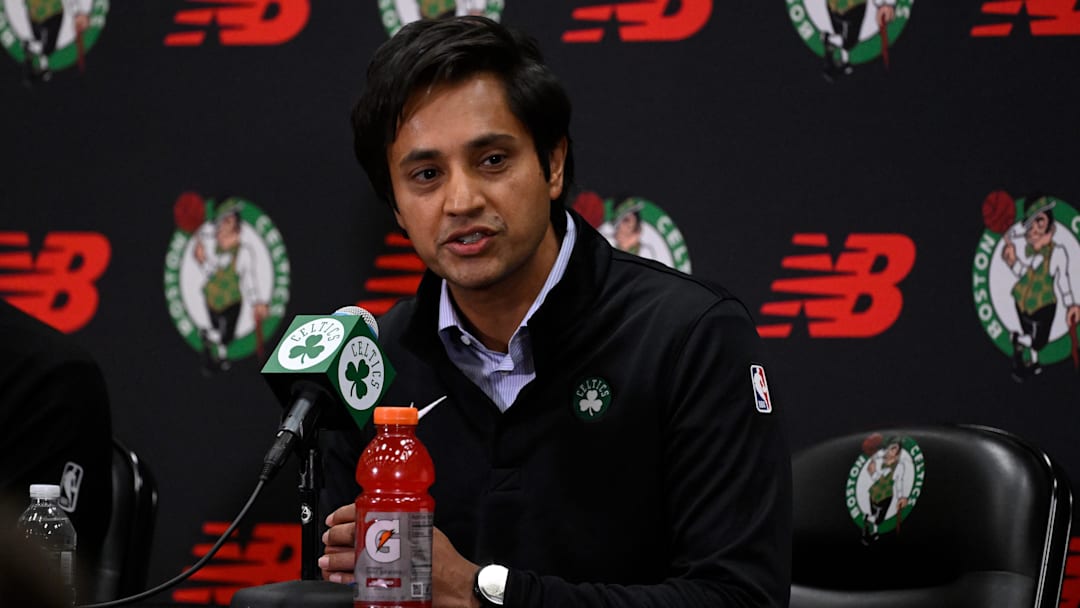 Sep 25, 2025; Boston, MA, USA;  Boston Celtics co-owner and alternate governor Aditya Mittal speaks during a press conference at Auerbach Center.