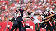 Nov 9, 2025; Tampa, Florida, USA; New England Patriots quarterback Drake Maye (10) throws downfield during the second quarter against the Tampa Bay Buccaneers at Raymond James Stadium. Mandatory Credit: Jonathan Dyer-Imagn Images