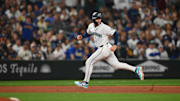 Sep 27, 2025; Seattle, Washington, USA; Seattle Mariners right fielder Dominic Canzone (8) runs towards third base during the fourth inning against the Los Angeles Dodgers at T-Mobile Park. Mandatory Credit: Steven Bisig-Imagn Images