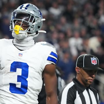 Dallas Cowboys wide receiver George Pickens reacts after making a catch against the Las Vegas Raiders at Allegiant Stadium. 