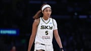 Chicago Sky forward Angel Reese (5) reacts in the second half against the LA Sparks at Crypto.com Arena.