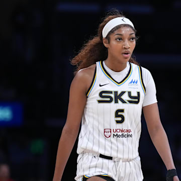 Chicago Sky forward Angel Reese (5) reacts in the second half against the LA Sparks at Crypto.com Arena.