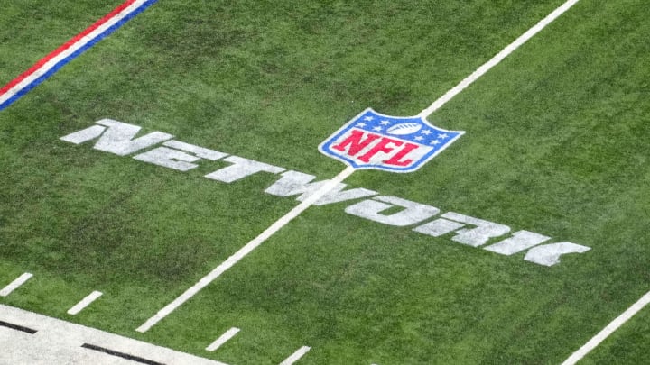 Feb 28, 2024; Indianapolis, IN, USA; The NFL Network logo on the field at Lucas Oil Stadium. 