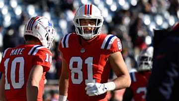 Dec 1, 2024; Foxborough, Massachusetts, USA; New England Patriots tight end Austin Hooper (81) warms up before a game against the Indianapolis Colts at Gillette Stadium. Mandatory Credit: Eric Canha-Imagn Images