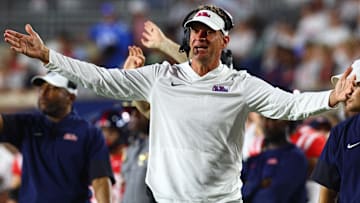 Mississippi Rebels head coach Lane Kiffin reacts during the fourth quarter against the Georgia State Panthers at Vaught-Hemingway Stadium. 