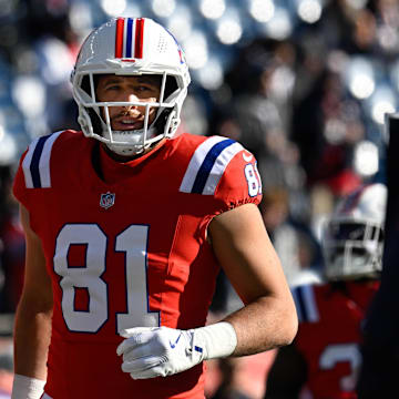 Dec 1, 2024; Foxborough, Massachusetts, USA; New England Patriots tight end Austin Hooper (81) warms up before a game against the Indianapolis Colts at Gillette Stadium. Mandatory Credit: Eric Canha-Imagn Images