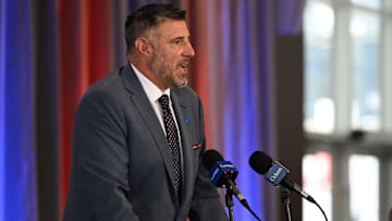Jan 13, 2025; Foxborough, MA, USA; Mike Vrabel addresses media at a press conference at Gillette Stadium to announce his hiring as the New England Patriots head coach. Mandatory Credit: Eric Canha-Imagn Images
