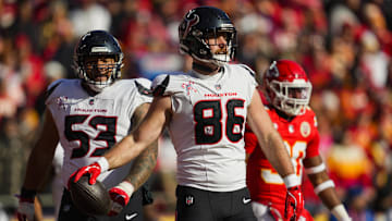 Dec 21, 2024; Kansas City, Missouri, USA; Houston Texans tight end Dalton Schultz (86) reacts after scoring a touchdown during the first half against the Kansas City Chiefs at GEHA Field at Arrowhead Stadium.