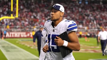 Oct 8, 2023; Santa Clara, California, USA; Dallas Cowboys quarterback Trey Lance (15) jogs off of the field during halftime against the San Francisco 49ers at Levi's Stadium. Mandatory Credit: Darren Yamashita-Imagn Images