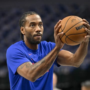 Apr 26, 2024; Dallas, Texas, USA; LA Clippers forward Kawhi Leonard (2) warms up before the game between the Dallas Mavericks and the LA Clippers during game three of the first round for the 2024 NBA playoffs at the American Airlines Center.